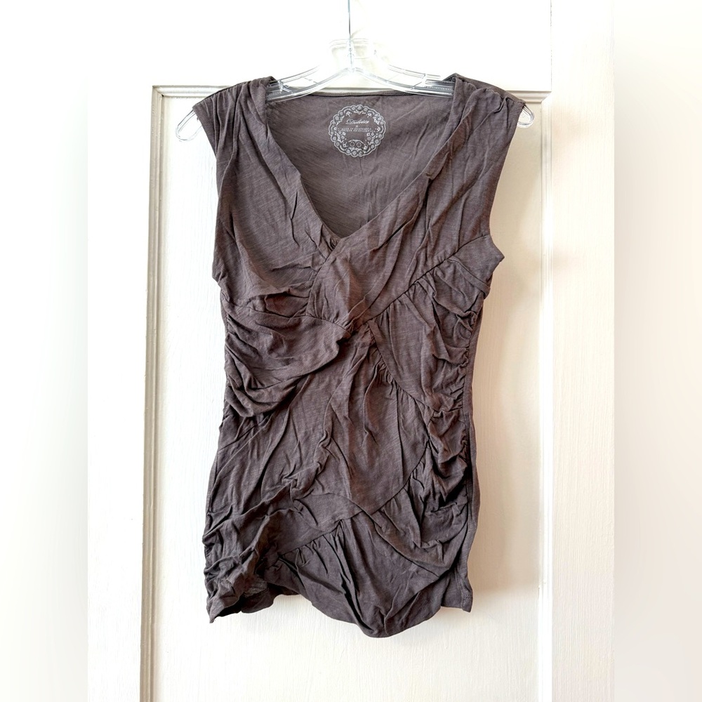 Anthropologie | Deletta Brown Ruched Sleeveless V-Neck Top Size Small